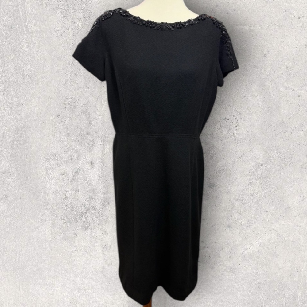 Insane Vintage Black Wool Beaded Sheath Dress Mid-Century Handmade Con Matic Zip